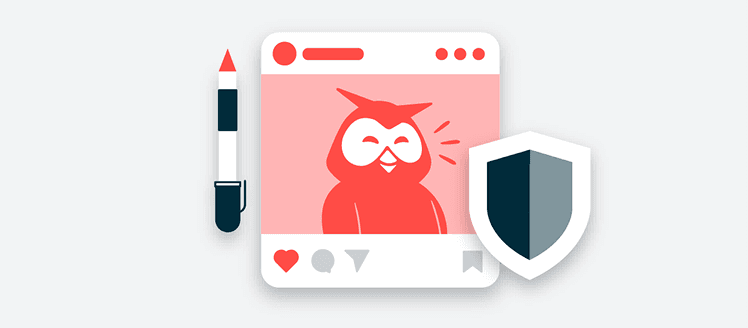 Illustration of a social media post window with Hootsuite's Owly logo and security shield