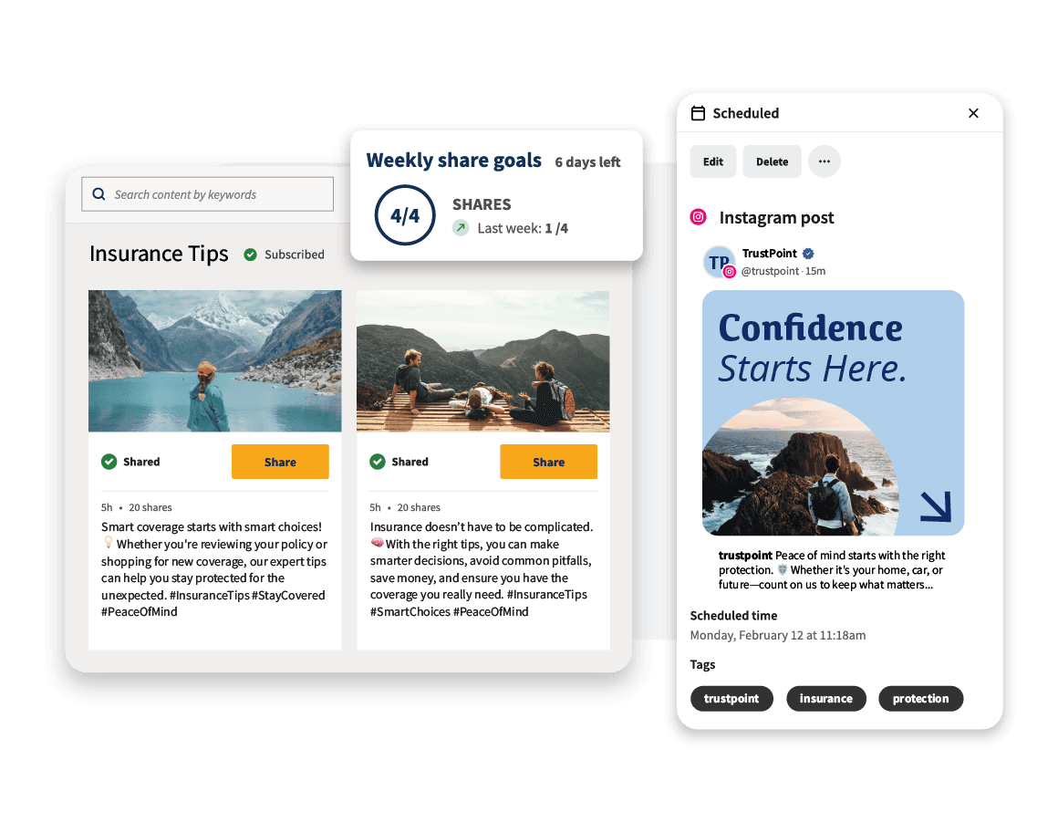 Social media content management dashboard showing scheduled insurance-related posts with mountain landscape images and engagement metrics