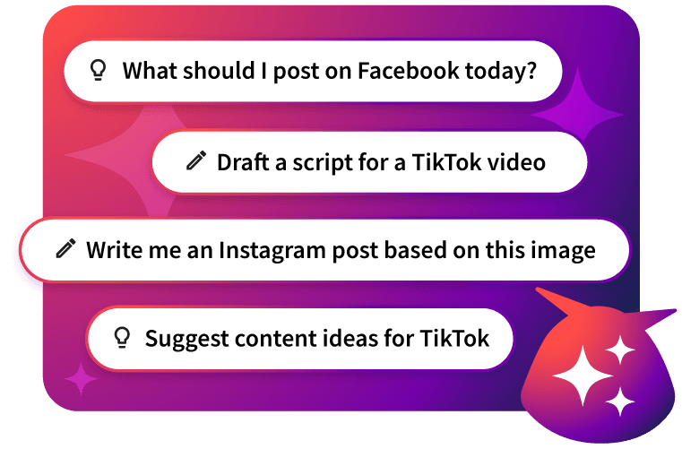Social media management interface showing four chat bubbles with prompts about trends, engagement, scheduling, and campaign ideas